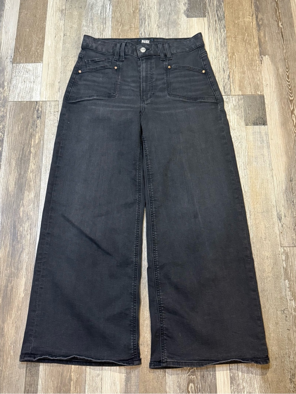 Paige Jeans Womens 29 Black Anessa Wide Leg High Rise Crop Distressed Denim
